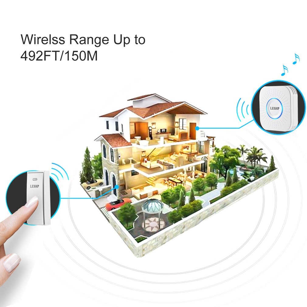 LESHP Smart Wireless Doorbell Home Intelligent Security Chimes Door Bell Alarm LED Light 58 Songs With Waterproof Touch Button