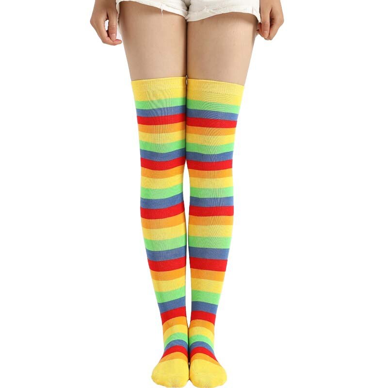Dianruo multicolor regenboog gestreepte kousen dames lange sokken schattige katoenen dij hoge gebreide dames overknee sokken  q90: 7