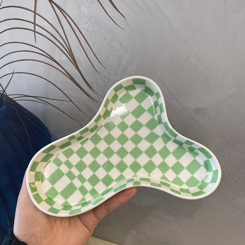 Cloud Plate Ceramic Fruit Dish Dessert Plate Snack Bowl Jewelry Trays Decorative Plate Cake Stand Storage Tableware: Green grid plate