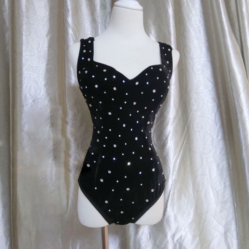 Velours noir strass body femmes hanche creuse justaucorps femme barre discothèque DJ DS GOGO danse scène fête Rave Costume