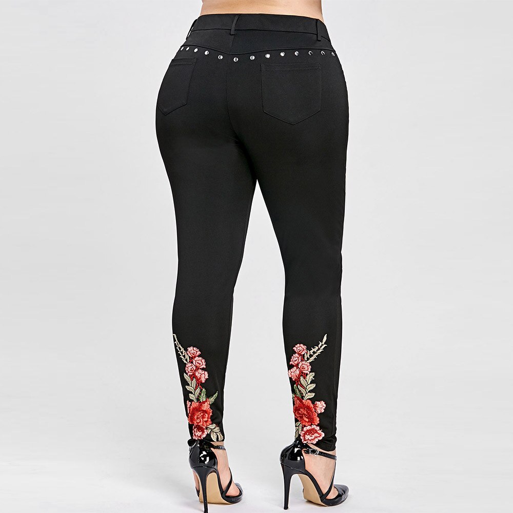 ROSEGAL-pantalones de lápiz con remaches Bordados florales para mujer, mallas ajustadas de talla grande, pantalones elásticos altos, talla grande