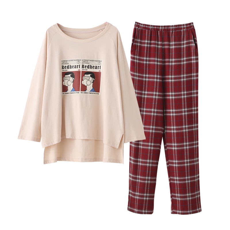 Conjunto de pijama de manga larga a cuadros de algodón rojo a cuadros para mujer