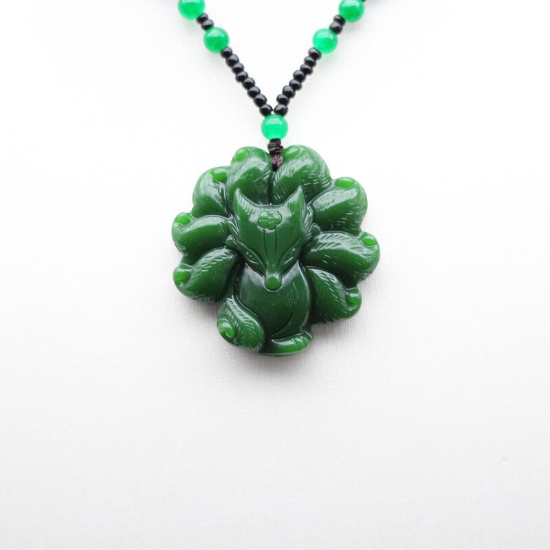 Natural Green Jade Nine Tailed Fox Pendant Necklace Jadeite Chinese Hand-Carved Charm Jewelry Amulet for Women Men