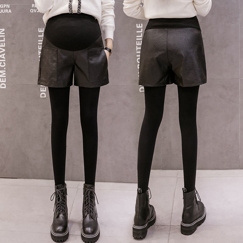 Mutterschaft Kurzen Hosen Für Schwangere Frauen Kleidung PU Leder kurze Hose Für Schwangere Frauen Zwei Tasche Warme Hosen