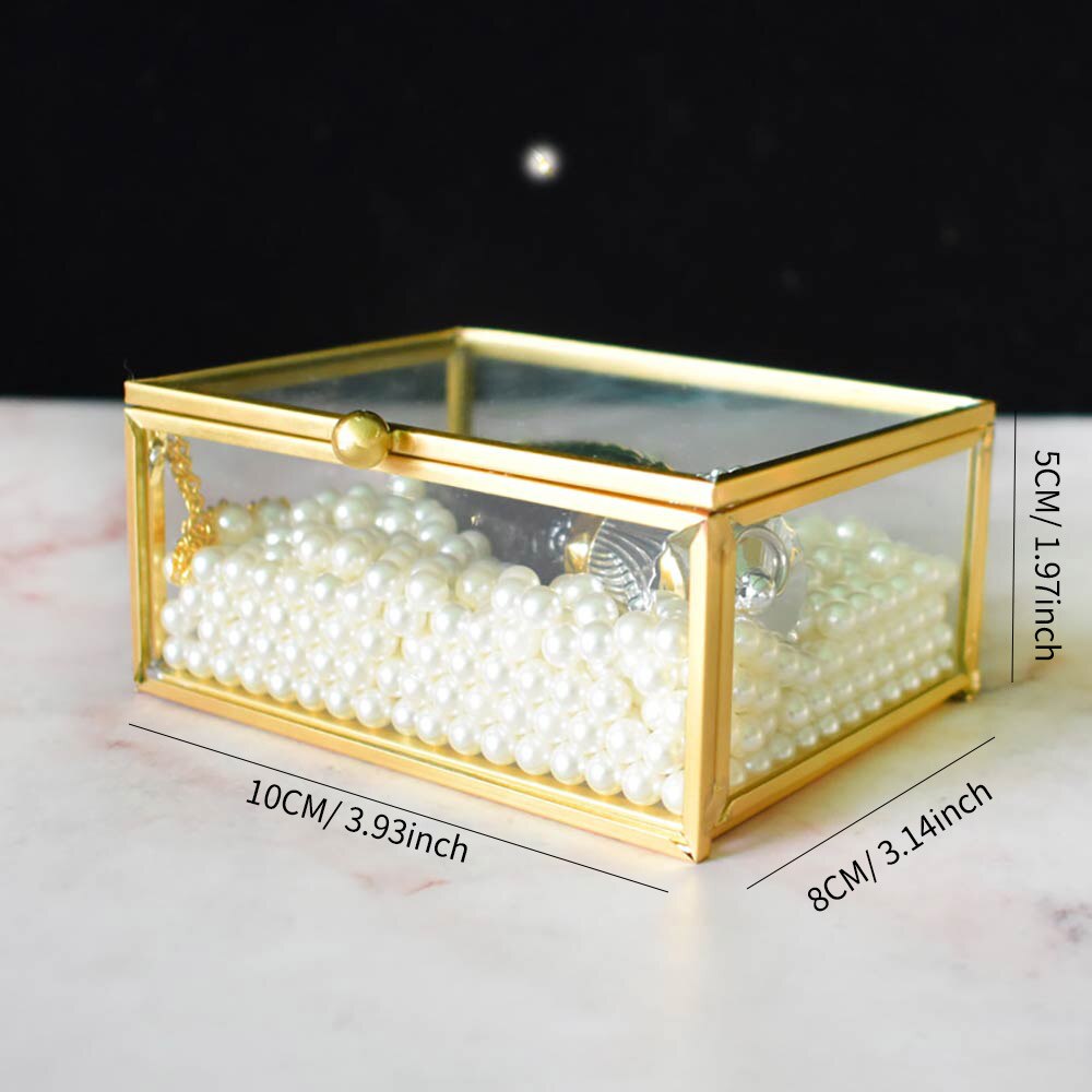 Open Lid Jewelry Ring Box Glass Jewelry Box Rectangular Transparent Small Jewelry Storage Box With Golden Rim And Lid