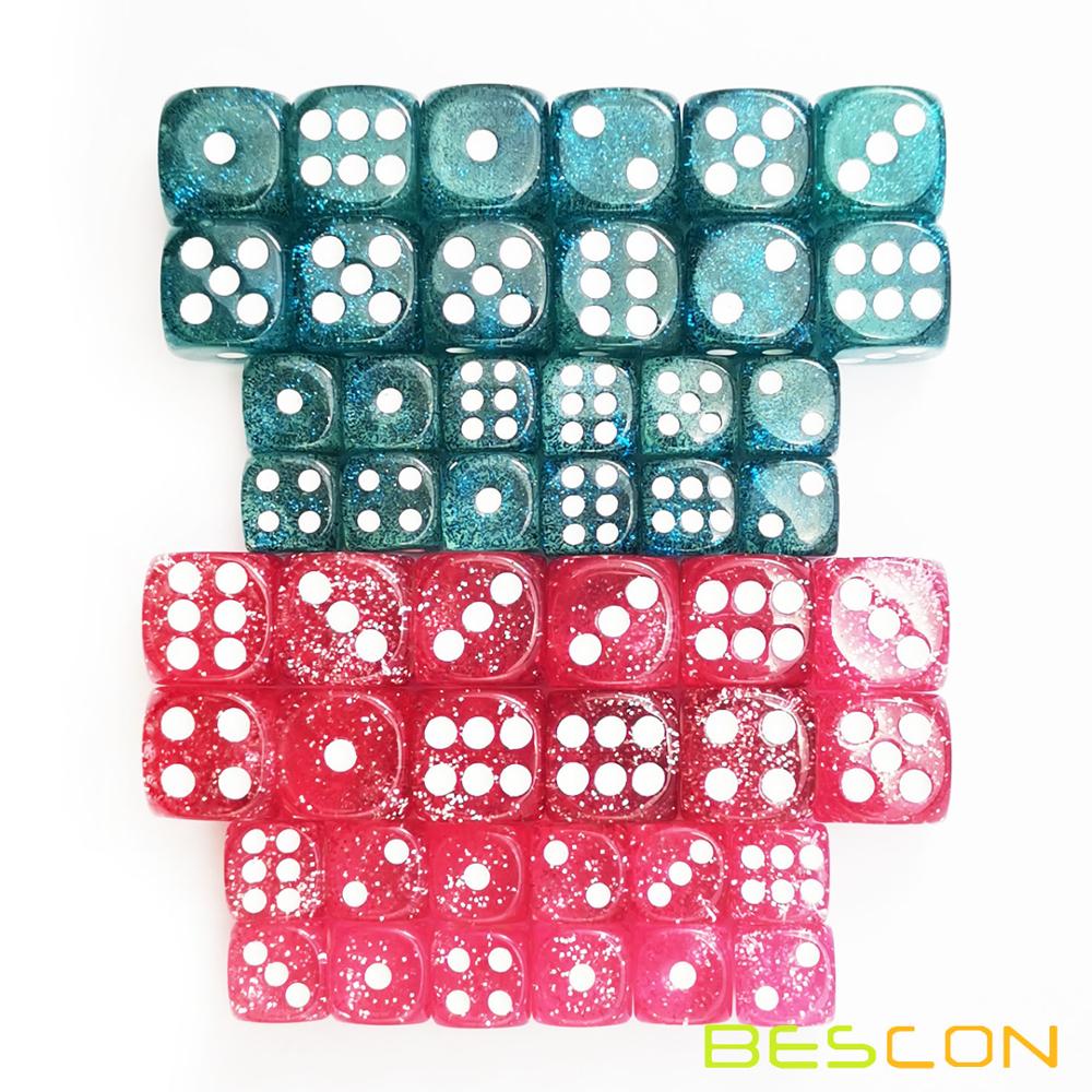 Bescon Ethereal Glitter Dobbelstenen D6 16MM & 12MM 48pcs Set, game Dobbelstenen Glitter Rose en Teal in 12MM & 16MM Elke 12pcs