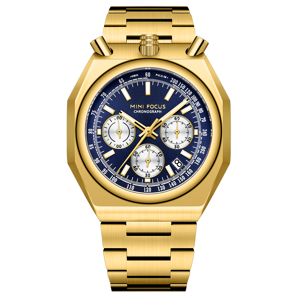 MINI FOCUS MF0601G Luxury Men Quartz Watch Waterproof Chronograph Stainless Steel Band Luminous Hands Classic Wristwatch: Gold