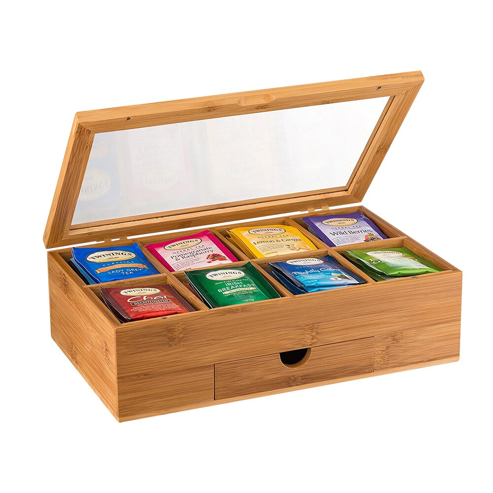 Bamboo System Tea Bag Jewelry Organizer Storage Box 5 Compartments Tea Box Organizer Wood Sugar Packet Container: A