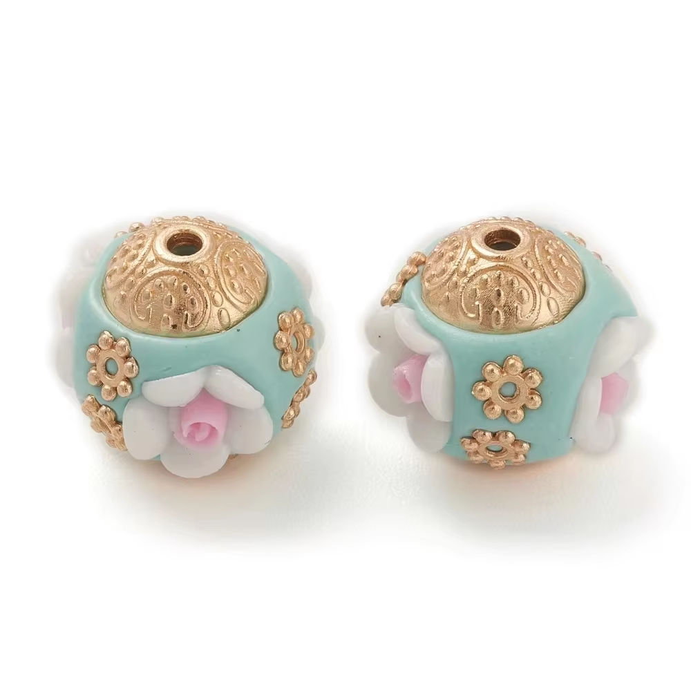Perles indonésiennes faites à la main avec perle de fleur, résultats en alliage, résine pour bijoux à bricoler soi-même, fournitures d'artisanat exécutif, 5 pièces: green