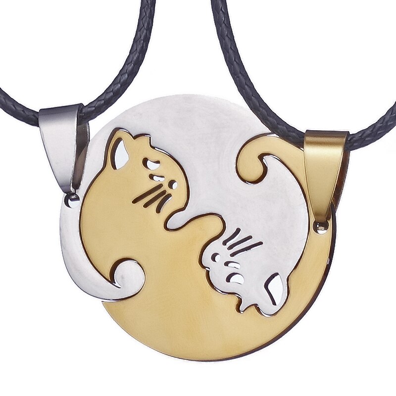 De acero inoxidable blanco negro Gato Kitty colgante rompecabezas collar a juego de la cadena para amante pareja de San Valentín: Gold Silver