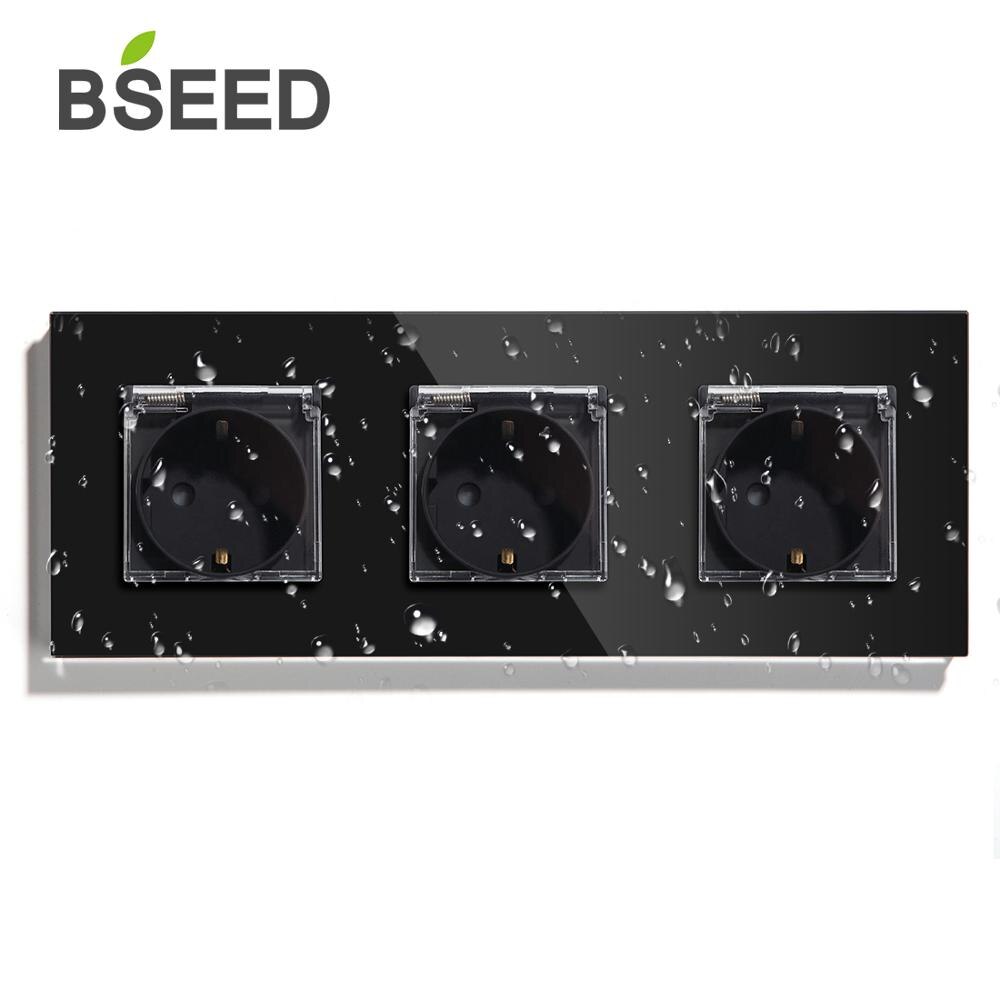 BSEED Waterproof Triple Socket EU Standard Wall Socket 16A 110V-250V White Black Gloden Crystal Glass Panel Wall Socket