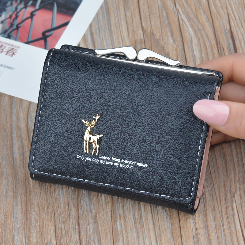 Cute Wallets Leather Women Wallets Short Wallet Student Coin Purse Card Holder Ladies Clutch Bag Small Deer Female Purse: Black