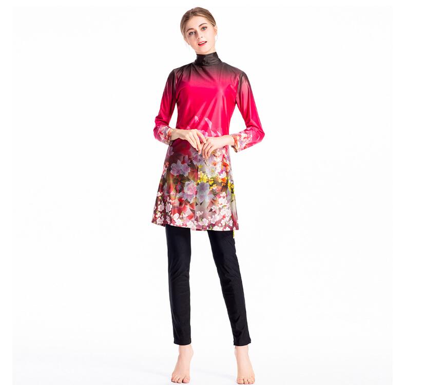 Bañador estampado para mujer, Burkini chino rojo, trajes de baño completos de manga larga, traje de baño musulmán Floral, S-4XL de pesca