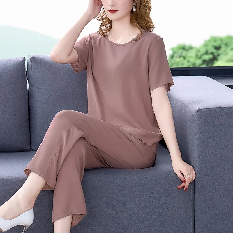 Women Pants 2-Piece Set Female Summer Set Middle aged Female Loose Tops+ Wide leg Pants Two-Piece Suit Short Sleeve Suit 4XL