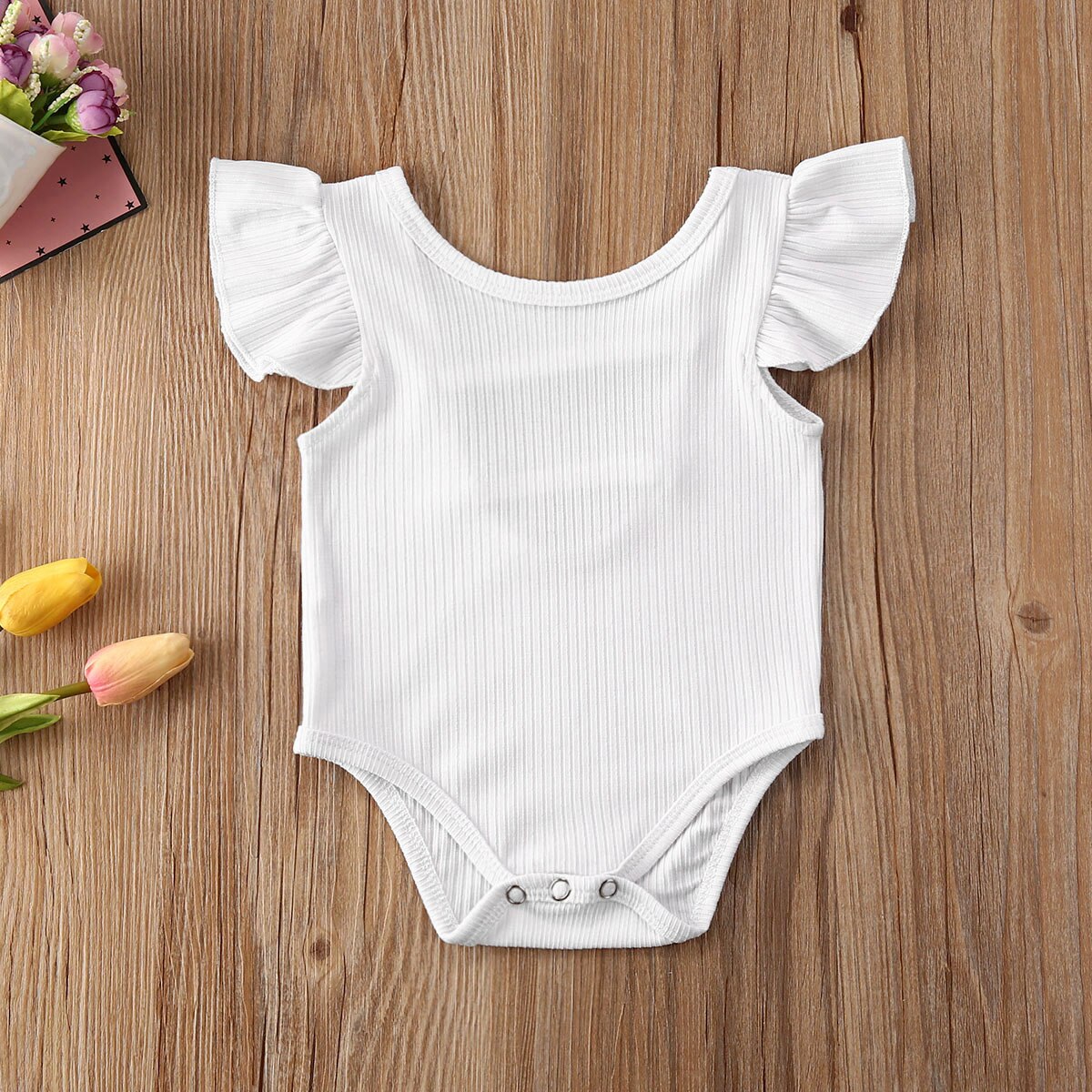 0-24M Newborn Infant Baby Girls Boys Bodysuits Solid Ruffles Short Sleeve Backless Jumpsuits 2 Colors