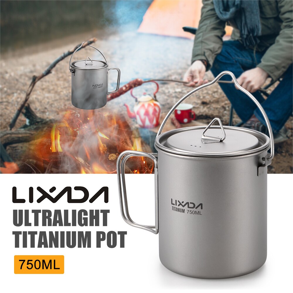 Lixada Lightweight Titanium 3 Pieces Set Titanium 750ml Pot Water Cup Mug Folding Spork for Outdoor Camping Hiking Backpacking