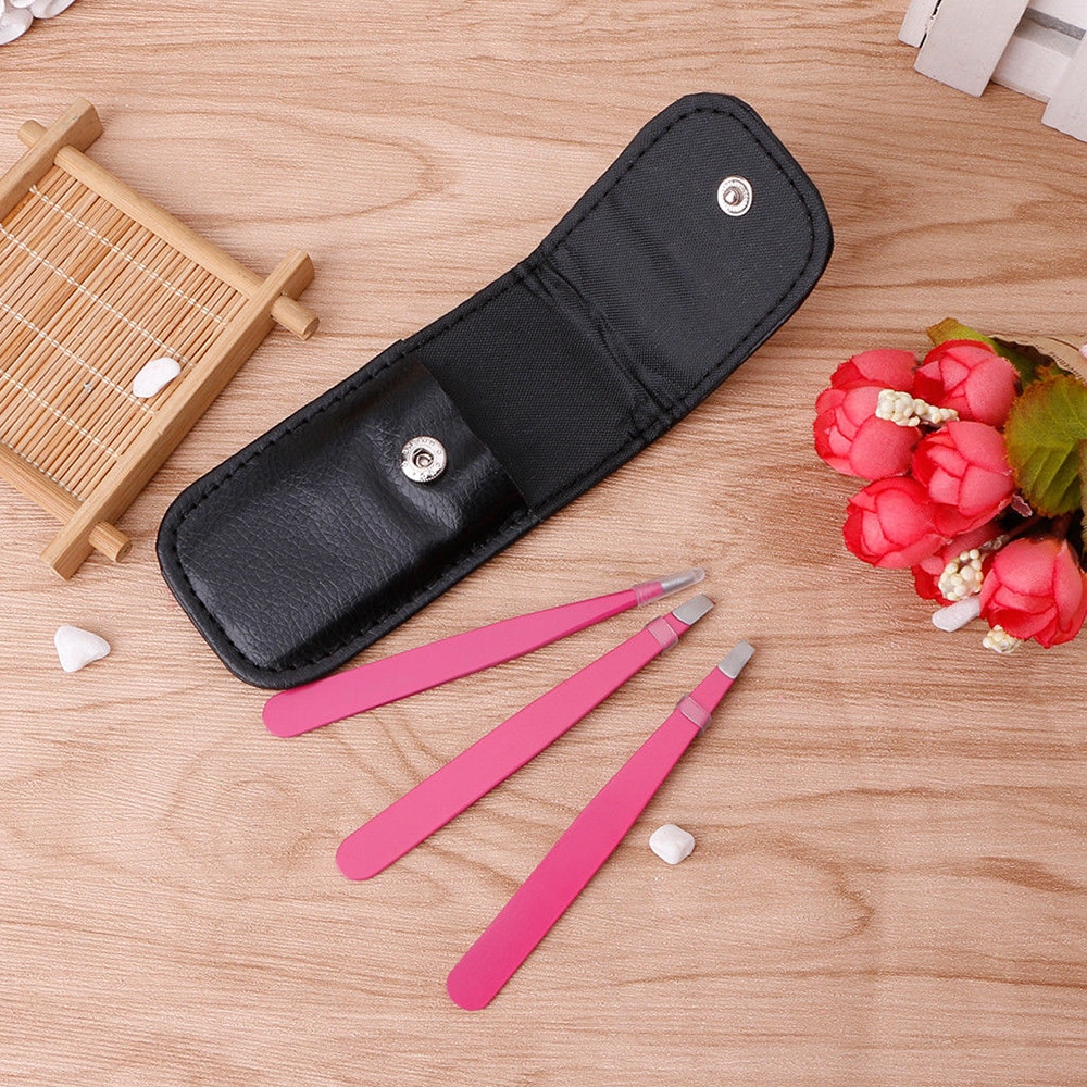 3 stks/set Wenkbrauw Pincet Rvs Punt Tip/Slant Tip/Flat Tip Ontharing Makeup Tools Accessoire met bag Case