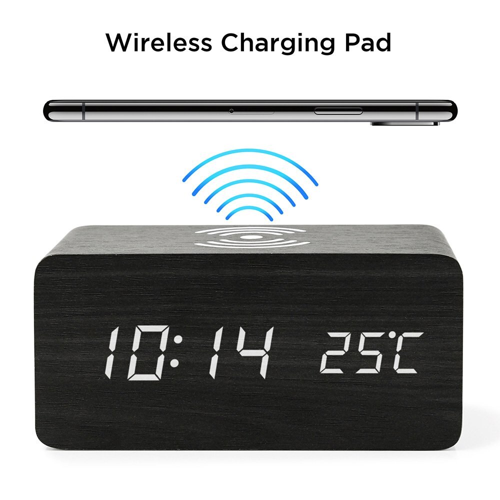 Wooden Alarm Clock With Qi Wireless Charging Pad Compatible With For Iphone Samsung Wood Led Digital Clock Sound Control Funct