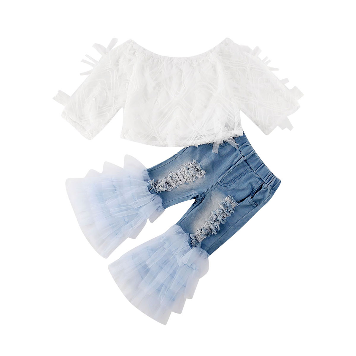 1-6Y Peuter Kids Baby Meisjes Kant Off Shoulder Tops T-shirt Ruche Denim Ripped Gat Broek Outfits Meisje Kleding 2 stuks Set: 3T