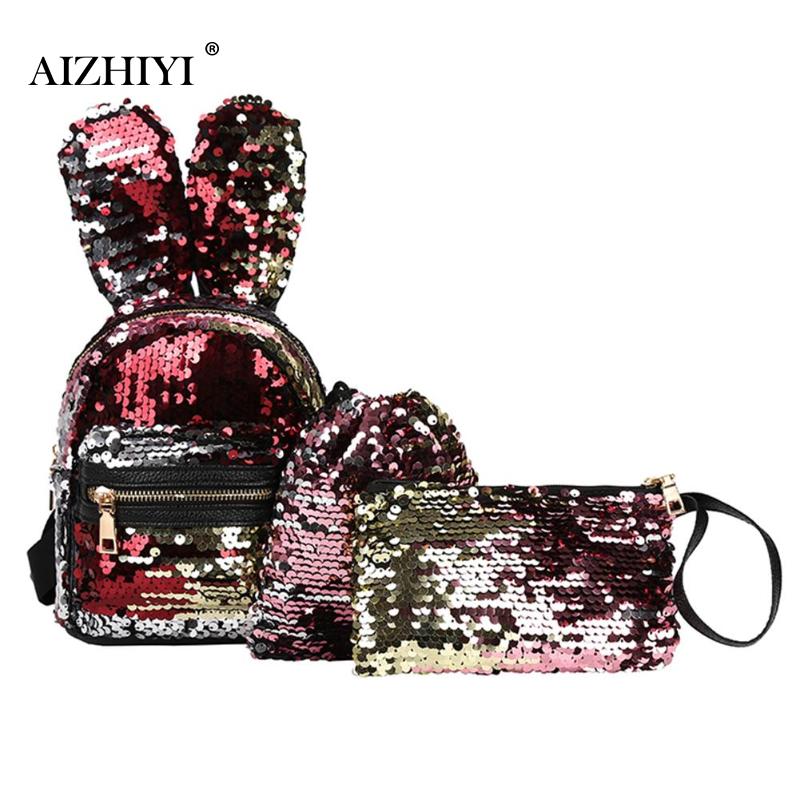 3 pièces/ensemble femmes oreilles de lapin paillettes Mini sac à dos paillettes sacs pour filles adolescente épaule école sac à dos jour embrayage