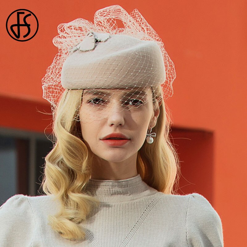 FS Vintage Wool French Beret Hats For Women Fedora With Veils Camel Felt Hats Winter Ladies Wedding Church Pillbox Hat
