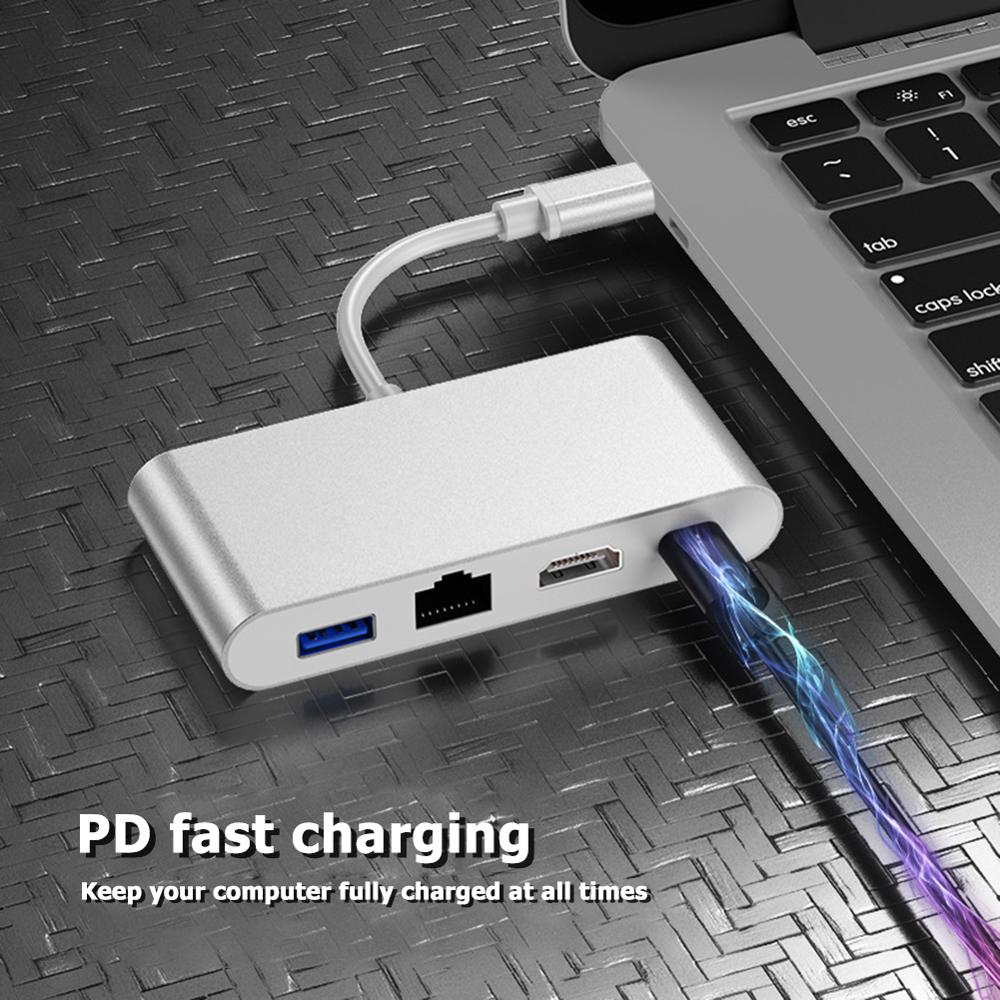 HW-TC42 4 in 1 USB Type-C HUB USB3.0 PD RJ45 Ethernet Dock Adapter RJ45 Gigabit Ethernet Port+ USB3.0 + PD for Laptop&Phones
