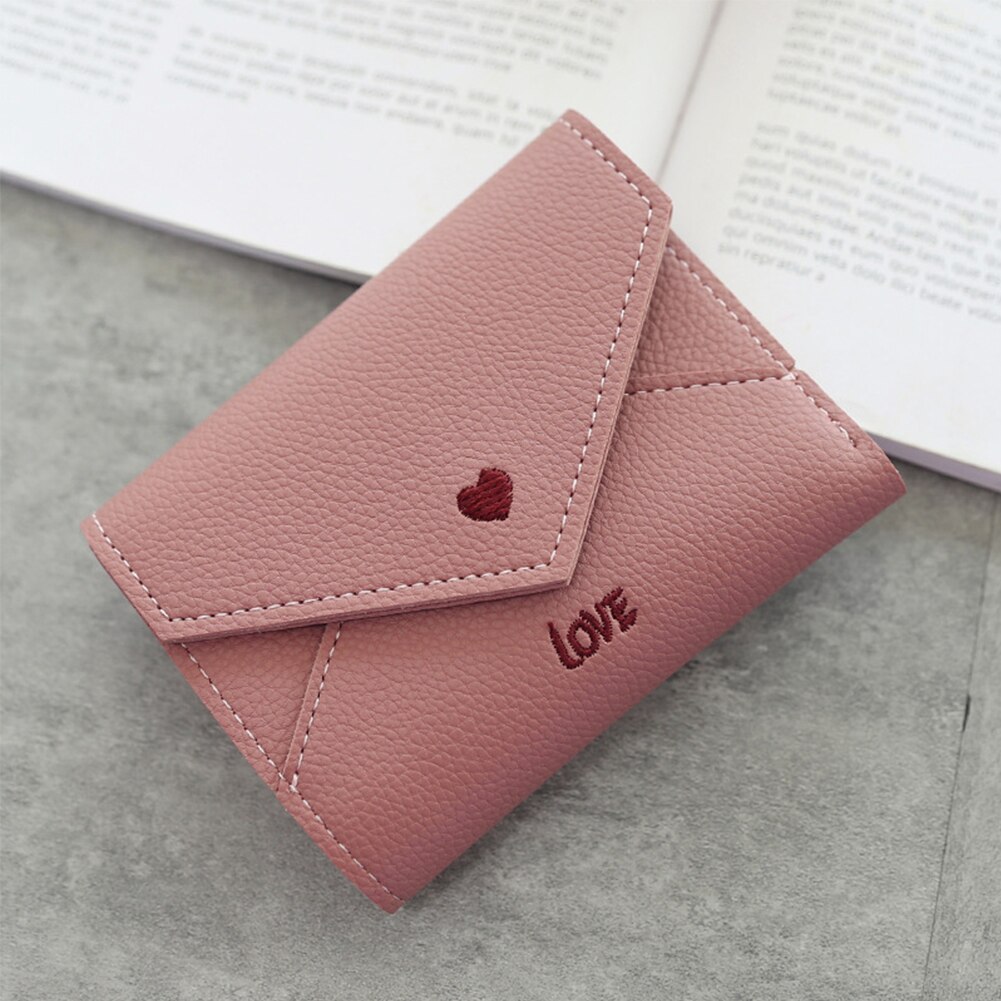 Heart Pattern Portable Mini PU Leather Multifunctional Small Embroidery Coin Pocket Three Fold Card Slots Women Wallet: Dark Pink