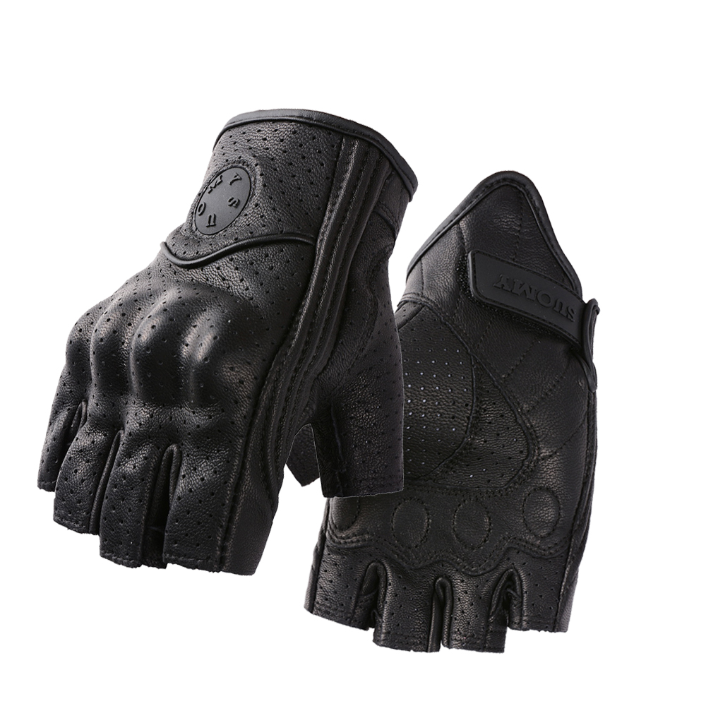 Guantes de moto de medio dedo de verano, guantes sin dedos de cuero negro Retro perforados para motocicleta, guantes sin dedos para Motocross, guantes de montar para hombres y mujeres