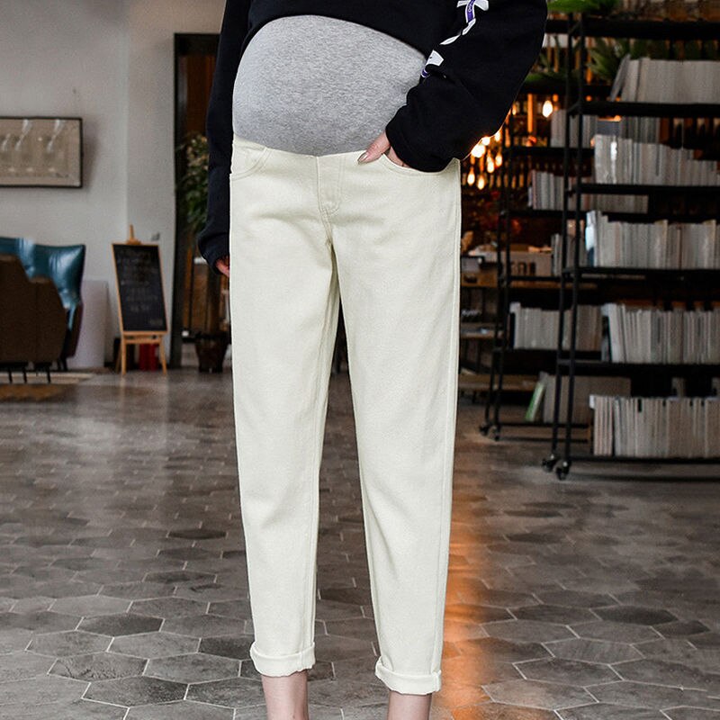 Winter Fleece Loose Cooton jeansy ciążowe ciążowe spodnie ciążowe dżinsy typu Boyfriend spodnie ciążowe dla kobiet w ciąży ubrania: white / XL 62-70KG