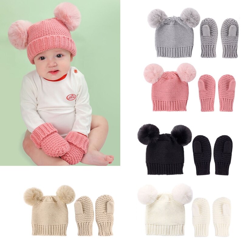 Unisex kinderen meisjes jongens baby baby winter warm gehaakt breien muts muts + wanten effen set baby handschoenen accessoires