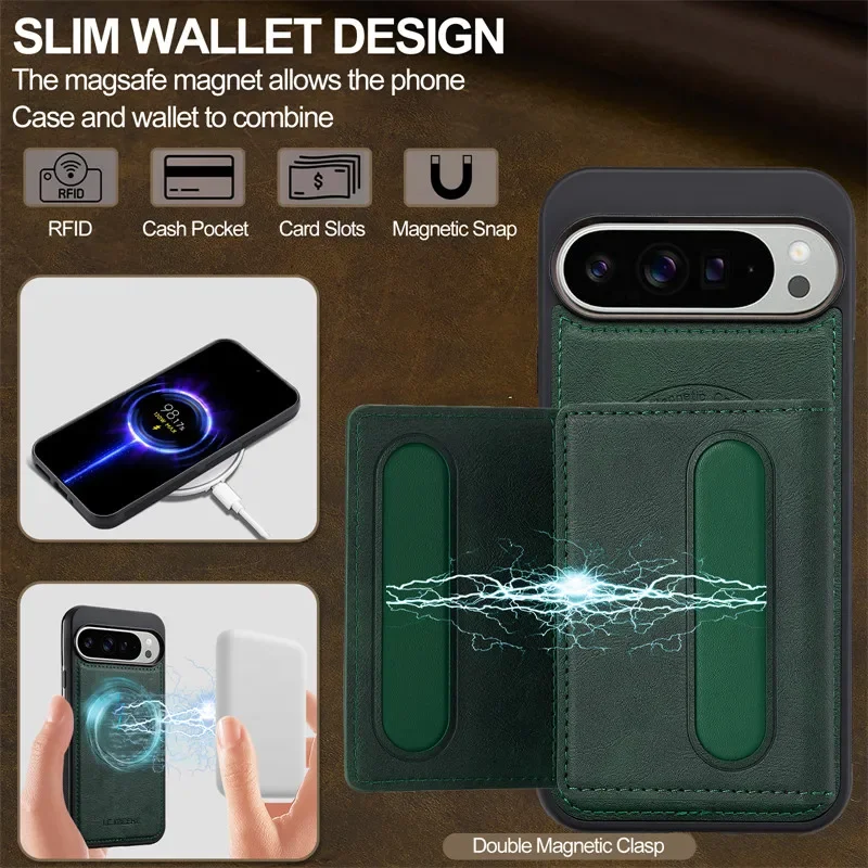MagSafe Magnetic Flip Leather Phone Case for Google Pixel 9 Pro XL 8 7 8A 7A Detachable Wallet Card Pocket Back Cover Cpque Etui