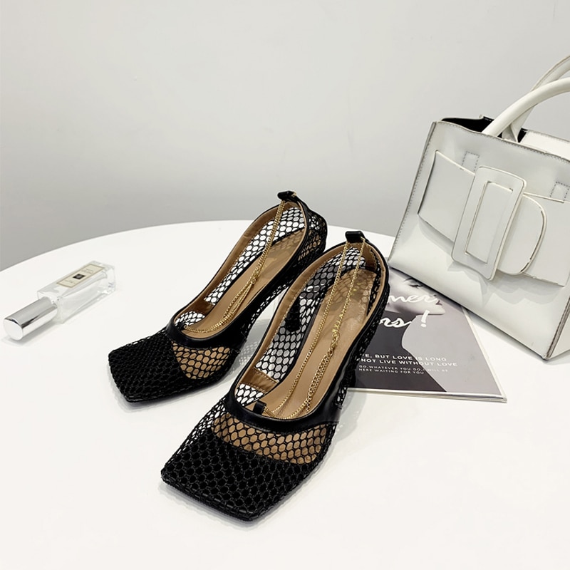 Monmoira vintage square toe stretch pumps kvinder guld kæde høje hæle sko kvinder air mesh dame sko swb 0224