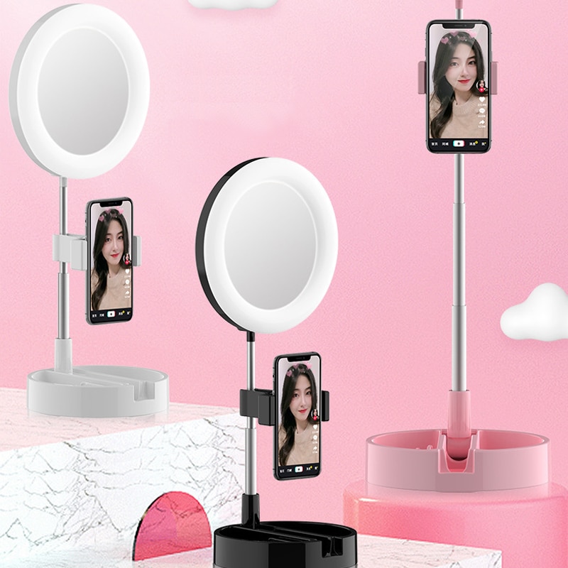 Foldable LED Mirror Makeup Mirror Desktop With LED Light Adjustable Bright Ring Light Selfie Lamp Live Photo Photography Studio