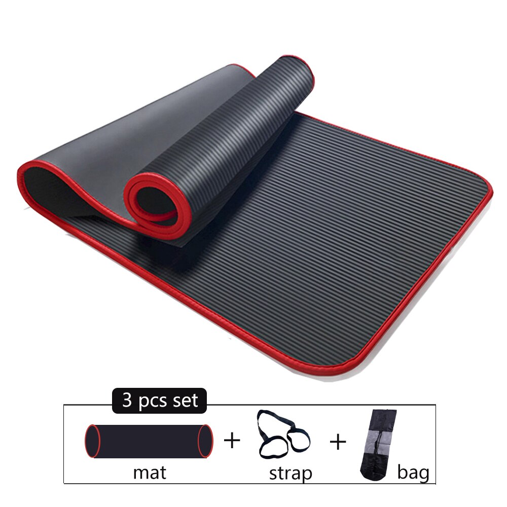 10mm extra tjocka 183 x 61cm halkfria yogamattor för fitness smaklösa pilates gym träningsdynor med bandage/väska: Svart -3 st set