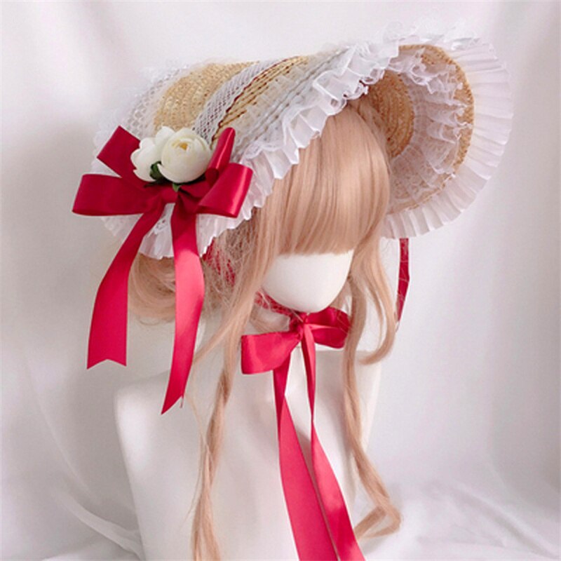 Chapeau de paille Lolita pastorale, fait à la main, doux, dentelle à volants, ruban de coupe, , fête de thé, Cosplay Floral, béret Lolita