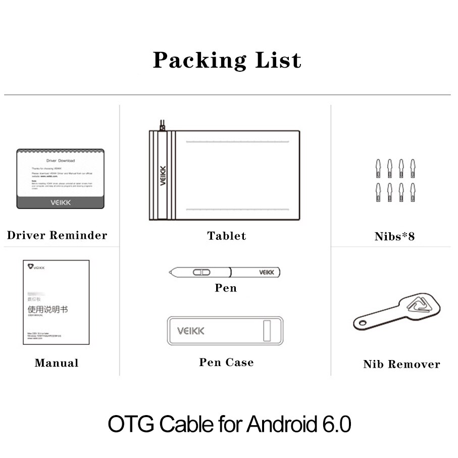 VEIKK – tablette graphique S640 pour dessin Digital, Ultra fine, 6x4 pouces, avec stylet sans batterie: With OTG Cable