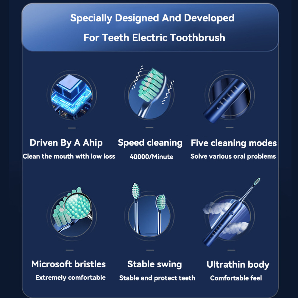 Sonisk elektrisk tannbørste for voksne, oppladbar med 4 reservebørstehoder, 5 moduser og 3 intensiteter, intelligent timer på 2 minutter