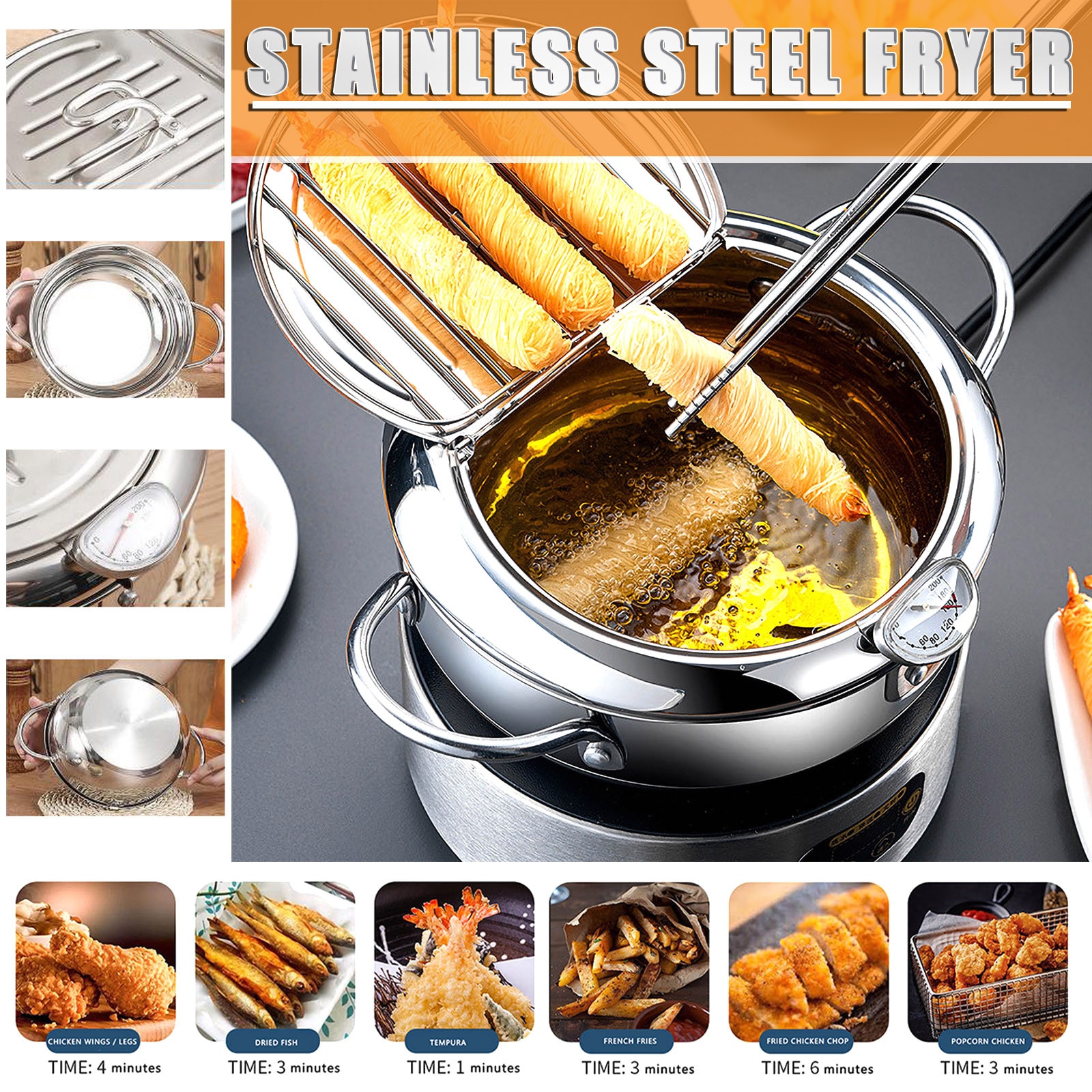 Household 304 stainless steel tempura fryer with strainer, temperature control 24CM diameter, optimal kitchen essential F4