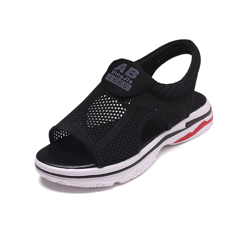 Sandales de sport pour femmes 35 à 40, nouvelles chaussures d&#39;été tissées en maille décontractées pour femmes, sandales plates creuses pour étudiantes à fond souple: Black / 39