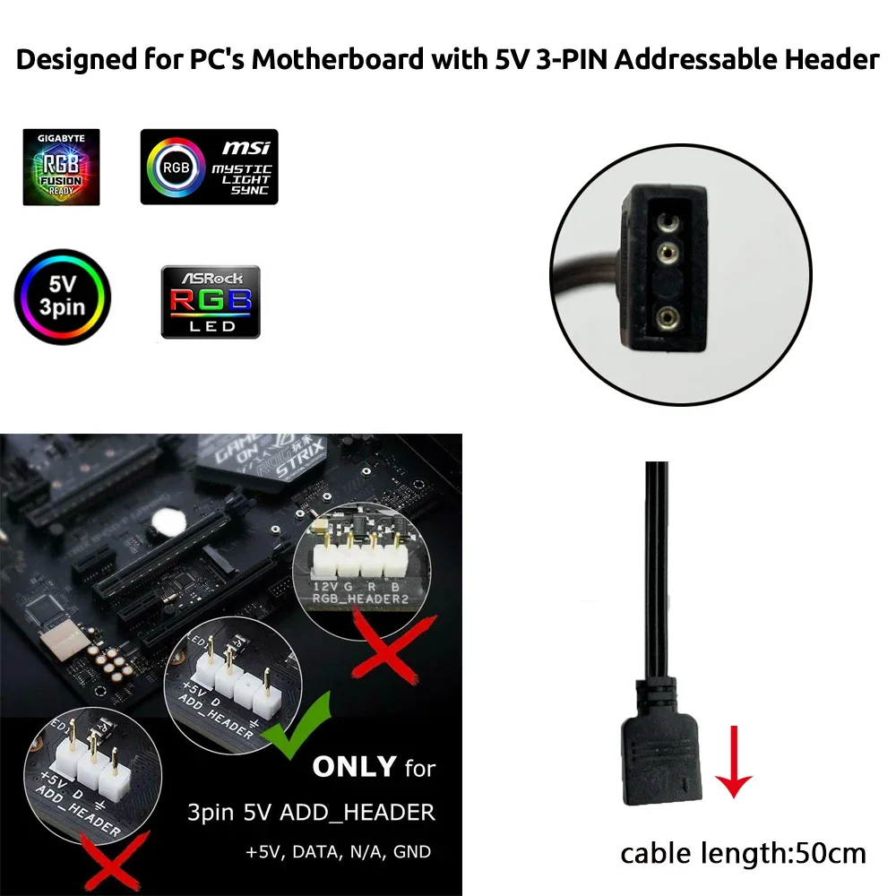 Bande lumineuse LED RGB WS2812B, 5V, 3 broches, adressable, pour ASUS AURA SYNC, MSI Mystic Light Sync, GIGABYTE