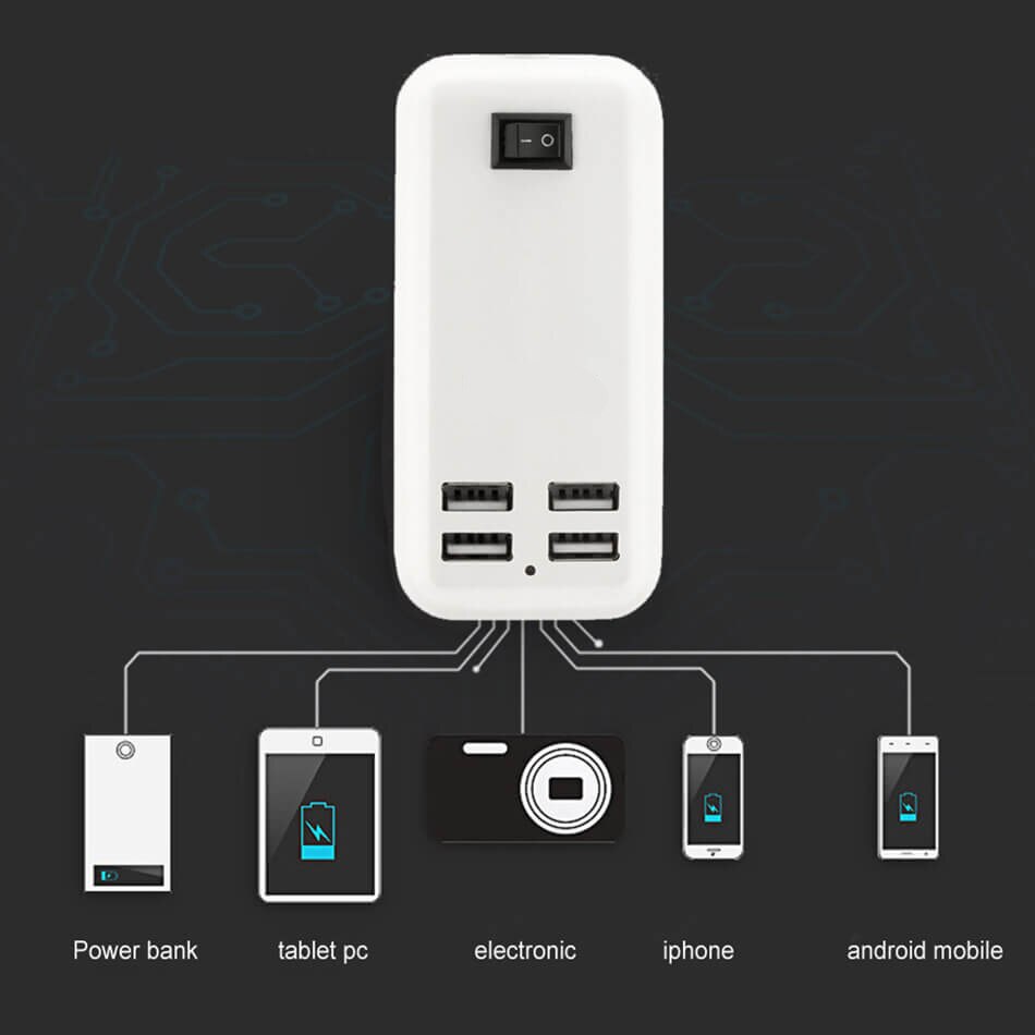 GHAOK 4 ports USB chargeur Mini Station de charge intelligente 5V2. 1A * 4 Max sortie 15W chargeur de bureau pour chargeur de téléphone intelligent