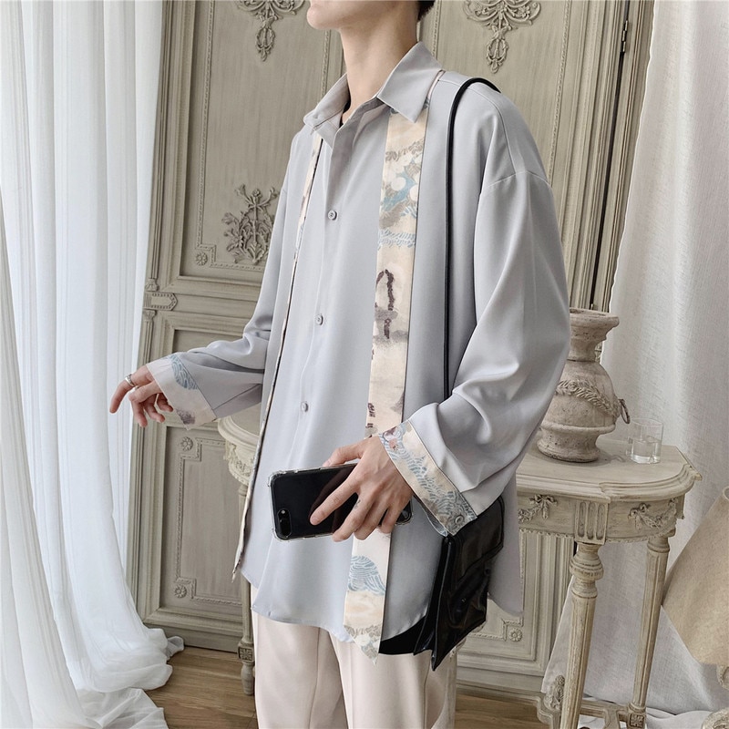 Herre skjorter patchwork solid forår koreansk stil chic fritid oversize herre outwear blødt langærmet all-match teenagere ins trendy bf