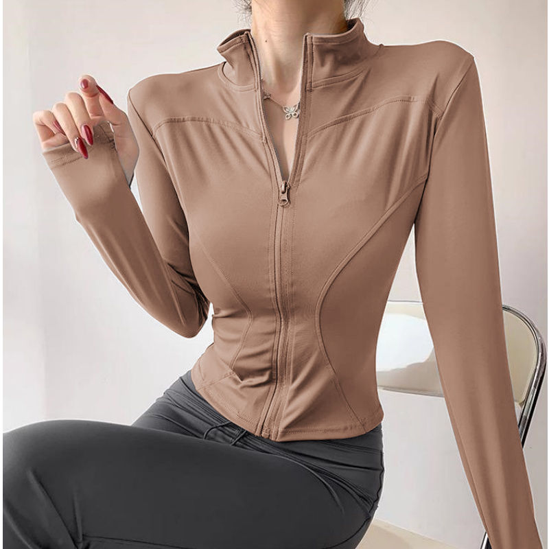 Dames Workout Sport Yoga Fitness Gymjas Activewear Lange mouwen: L / Bruin