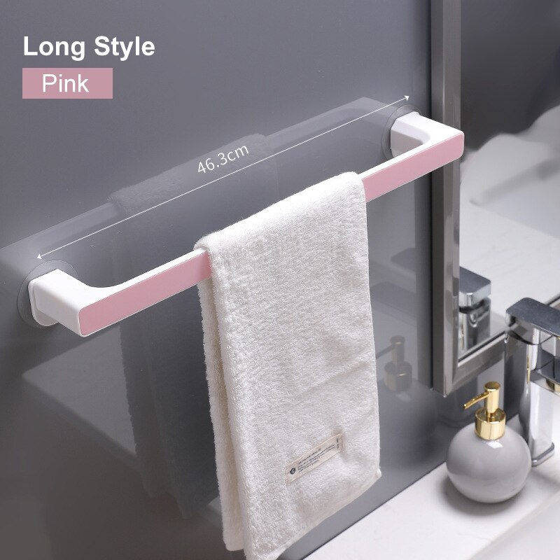 2 størrelse /4 farve plast selvklæbende rack monteret håndklæde bar bøjle hylde hængende krog håndklæde væg holder badeværelse køkken toilet: Lyserød lang stil