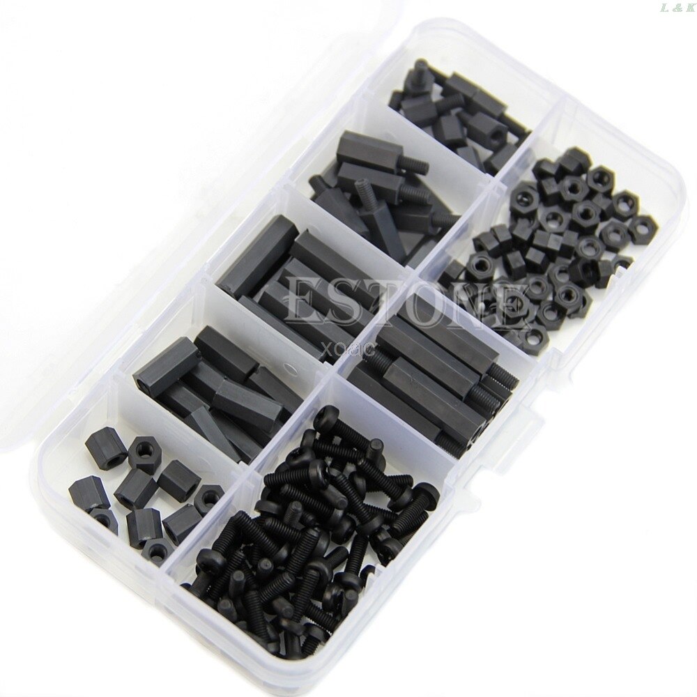 160 Uds M3 Nylon negro M-F Hex bola Kit surtido de tuercas de tornillo de soporte de caja de juego de M08