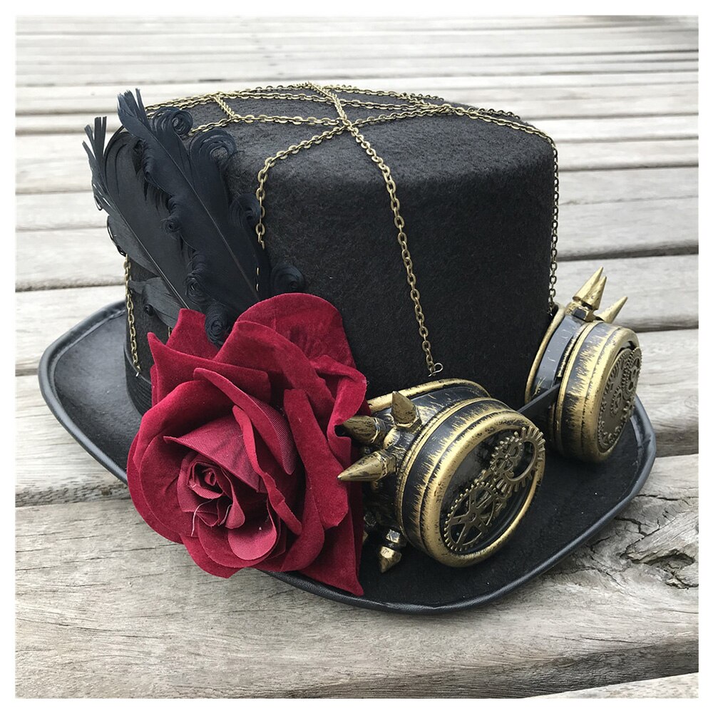 Chapeau Steampunk fait à la main pour femmes, avec lunettes et motif de fleurs, chapeau magique, taille 57CM: Default Title