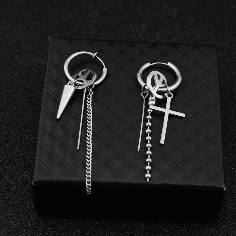 Pendientes de Punk para hombre, aretes cruzados de acero inoxidable con Clip de cadena, sin Piercing, pendiente de oreja para hombre y niño, joyería: EDH010306