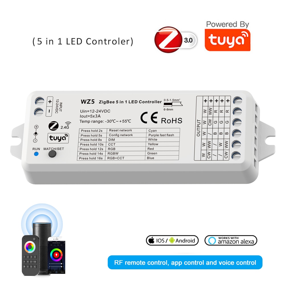 TUYA Zigbee Led Controller DC12V 24V 5in1 Dimmer CCT RGB RGBW RGBWW RGBCCT Strip TUYA Smart Life APP Echo Plus Voice Control
