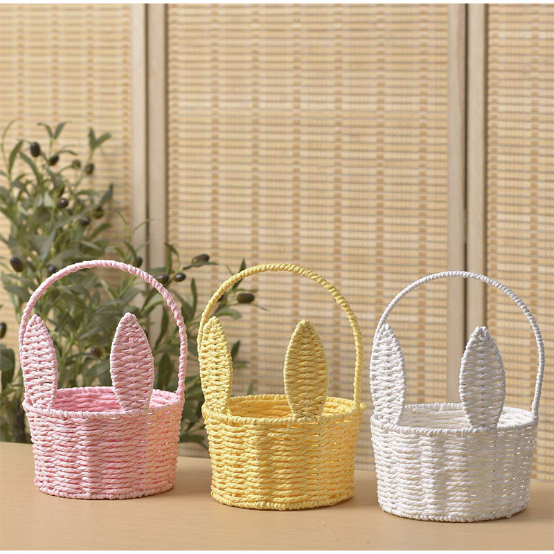Cute Bunny Ears Woven Basket Paper Rope Braided Flower Basket Easter Decoration Home Picnic Fruit Hand-held Sundries Organizers