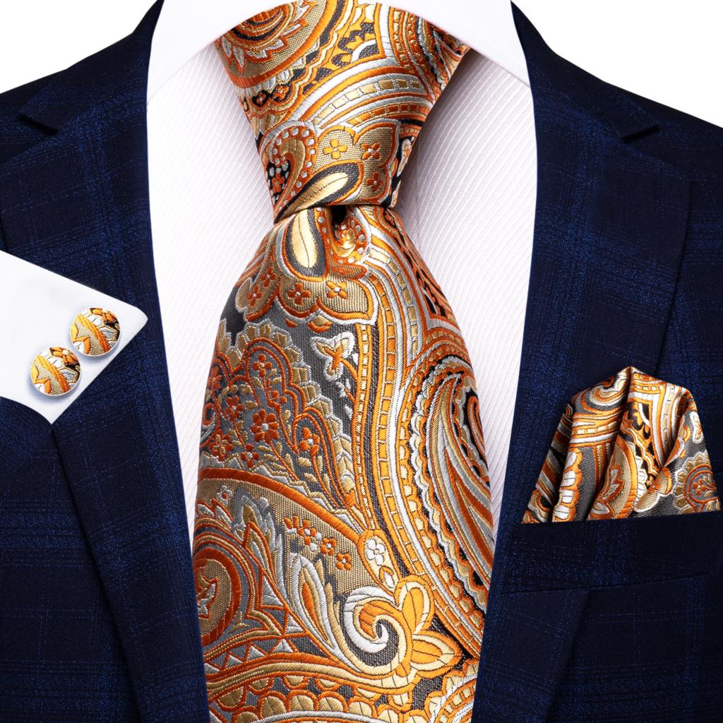 Hi-Tie-corbata de seda a rayas para hombre, corbata de boda a rayas de color naranja o dorado, pañuelo, para de negocios: SN-3523